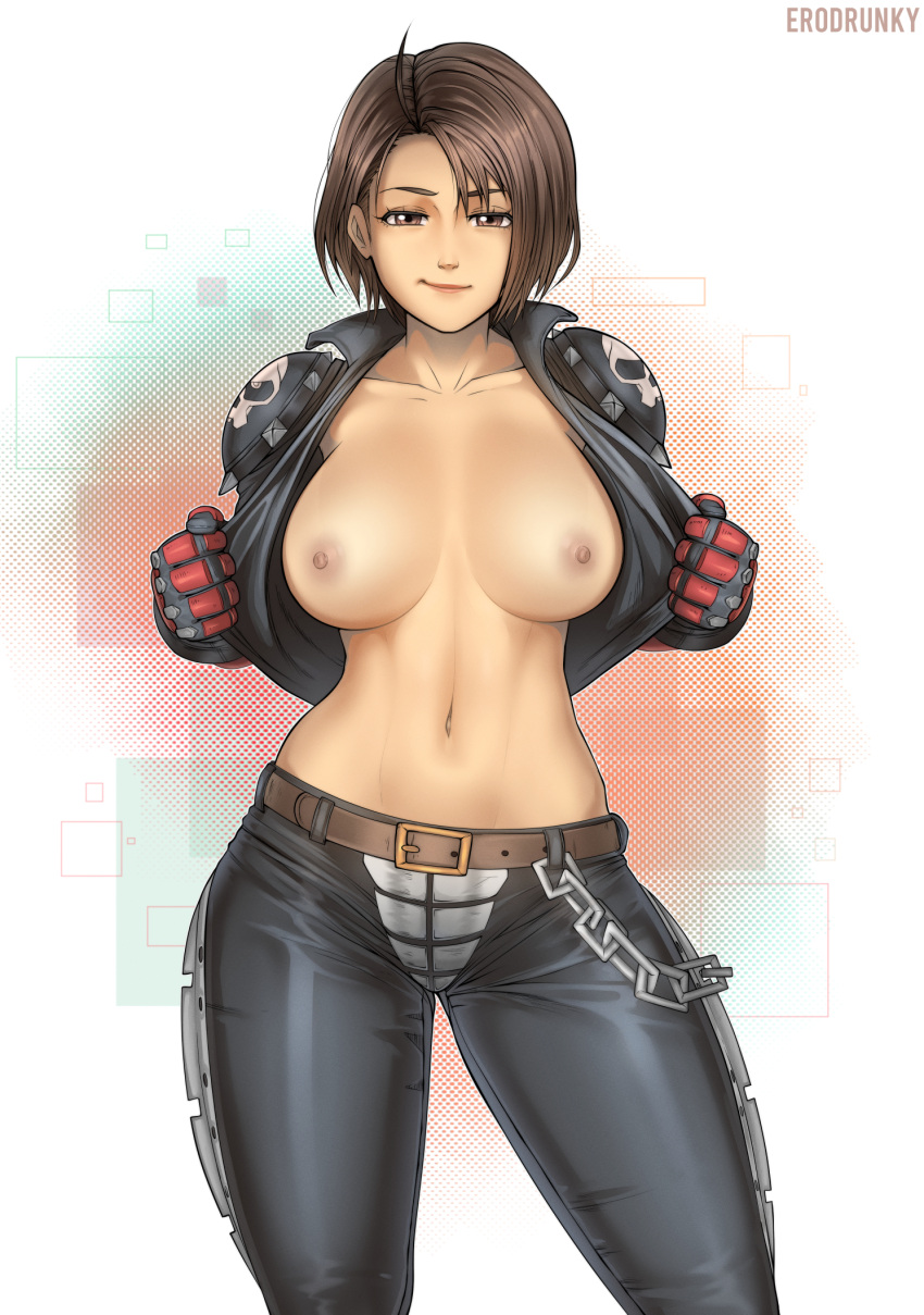 1girls ahoge akira_kazama artist_name belt biker_clothes black_jacket black_pants breasts breasts_out brown_hair capcom chains clothing collarbone crotch_plate dark_nipples erodrunky female flashing flashing_breasts gloves highres jacket justice_gakuen large_breasts leather leather_jacket leather_pants linea_alba lips looking_at_viewer navel nipples no_bra no_shirt open_clothes open_jacket pants parted_hair red_gloves rival_schools short_hair shoulder_pads skull_print small_breasts smirk solo standing toned