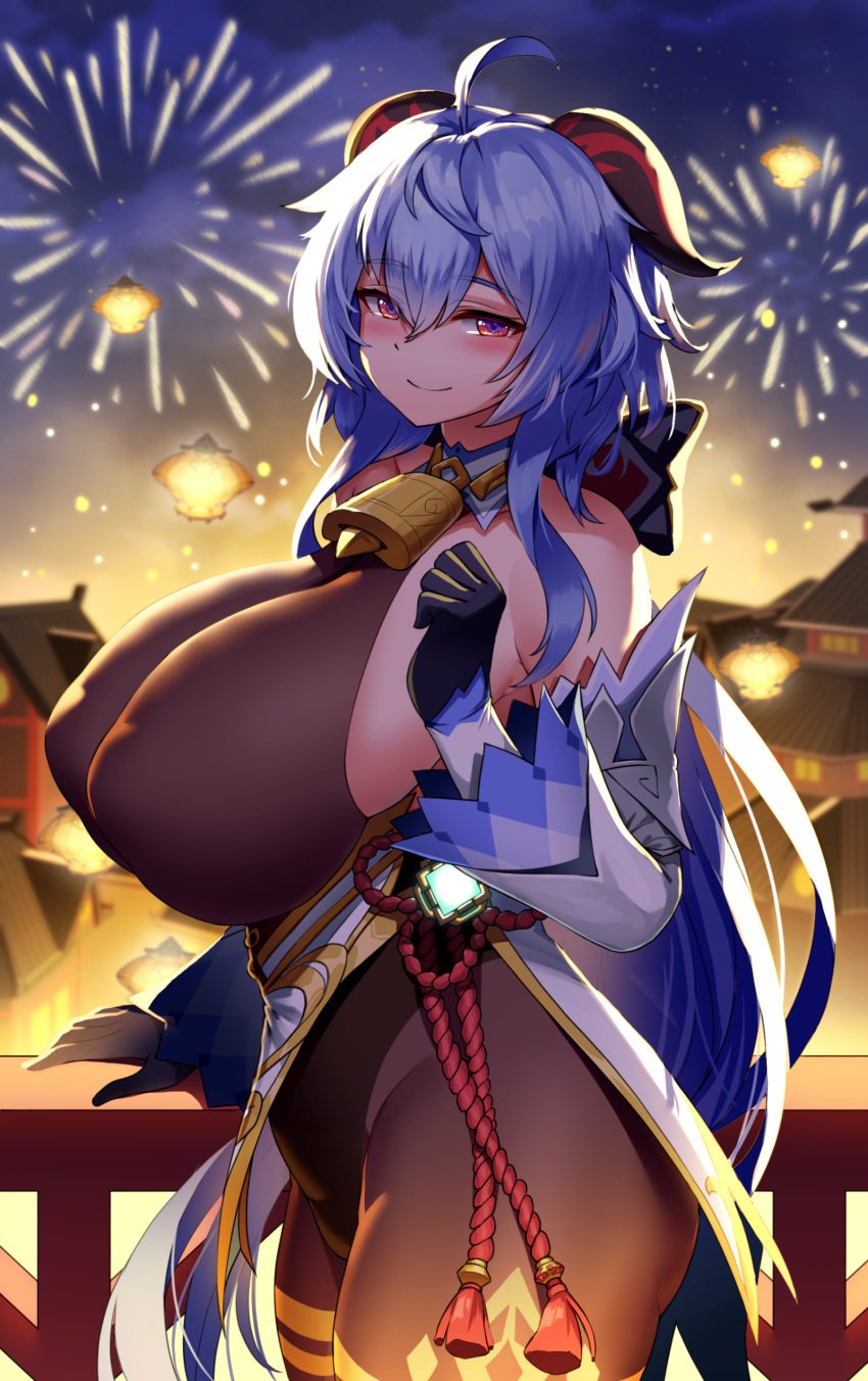 bell_collar blush breasts cho!cho! fireworks ganyu_(genshin_impact) genshin_impact gloves hi_res horns huge_breasts leotard night nipple_bulge plump