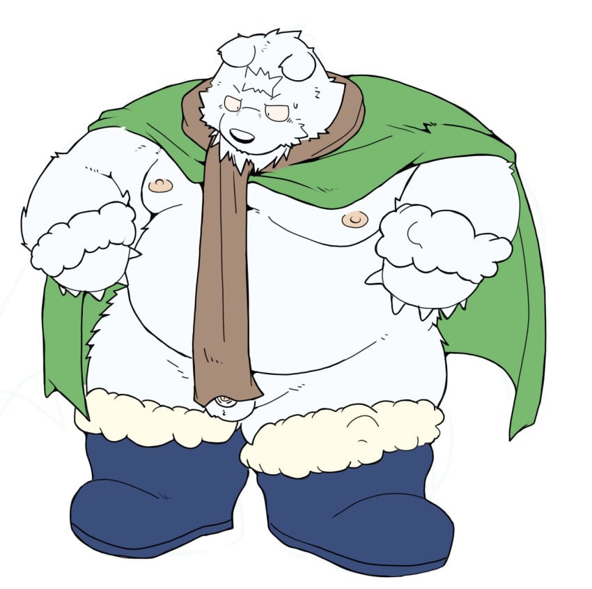 2023 anthro balls bear belly big_belly bodily_fluids demi_polar_bear genitals hi_res kemono male mammal micropenis moobs nipples overweight overweight_male penis polar_bear scarf simple_background sleepy_princess_in_the_demon_castle small_penis solo suishou0602 sweat ursine