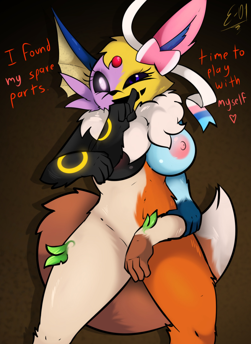 abominaceon all_nine_eeveelutions amputee anthro black_nose black_sclera blacky_(pokemon) blue_body body_horror booster_(pokemon) breasts canid canine covering covering_self dialogue digital_media_(artwork) disability e-01 eevee eeveelution eievui eifie_(pokemon) espeon female feral flareon fur fusion glaceon glacia_(evolution) glowing glowing_eyes heart hi_res horror jolteon leafeon leafia mammal nintendo nipples nymphia open_mouth pokemon pokemon_(species) purple_eyes ribbons scary showers_(pokemon) simple_background smile solo sylveon text thunders umbreon vaporeon white_body yellow_body yellow_fur