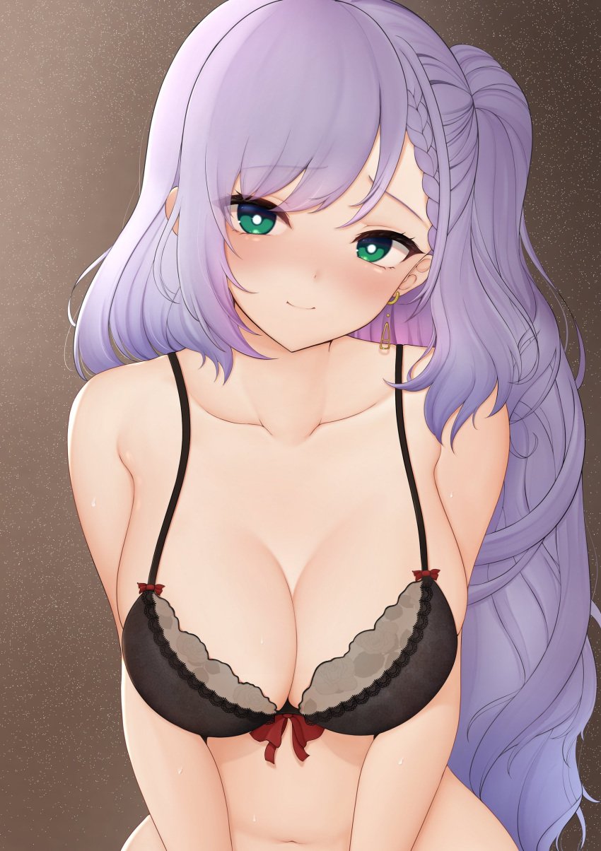 1girls black_lingerie blue_eyes bra female female hololive hololive_indonesia honon light-skinned_female light_skin lingerie long_hair pavolia_reine silver_hair sole_female virtual_youtuber