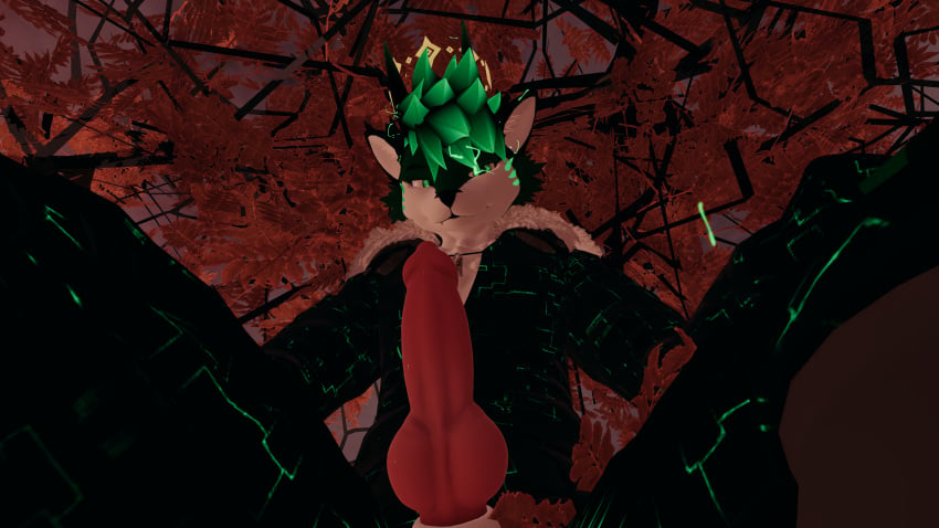 16:9 4k absurd_res anthro autumn_leaves canid canine crown electricity electricity_manipulation elemental_manipulation fox fur_jacket genitals green_body green_eyes green_hair hair headgear hi_res horn jewelry knot lightning_bolt male mammal mrghostkey necklace penile penis pink_penis raishin rexouium royalty solo spikes vrchat