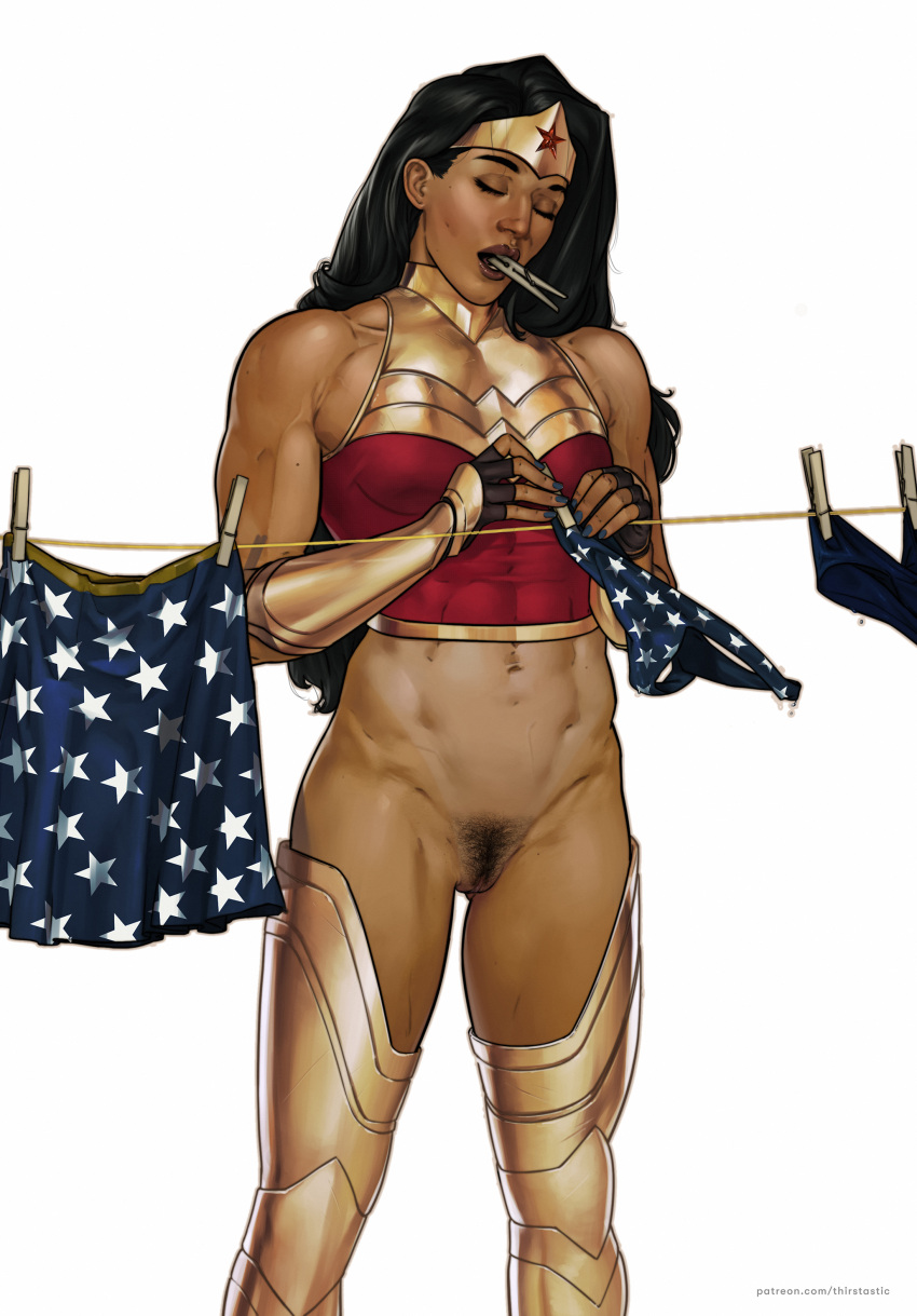 1girls abs amazon black_hair bottomless closed_eyes dc dc_comics dima_ivanov hanging_clothes headgear leg_armor muscular muscular_female no_panties panties_removed pubic_hair pussy_exposed solo solo_female thirstastic white_background wonder_woman wonder_woman_(series) wrist_cuffs