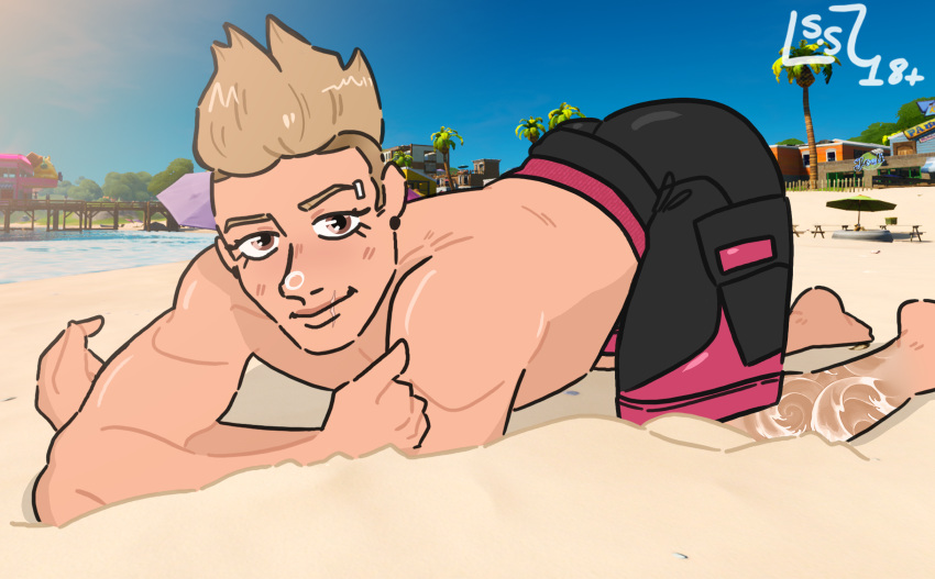 ass ass_up beach blonde_hair darrkstarr drift_(fortnite) earring exhibitionist fortnite gay laying_down legs male male_only nude_beach pecs public sand scar smile sun swimming_trunks