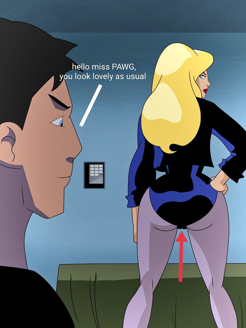 backpussy black_canary cameltoe conner_kent dc edited female green_arrow_(series) hand_on_hip male stalking staring_at_ass superman_(series) suspicious_intent text voyeur wide_hips xcdeviant