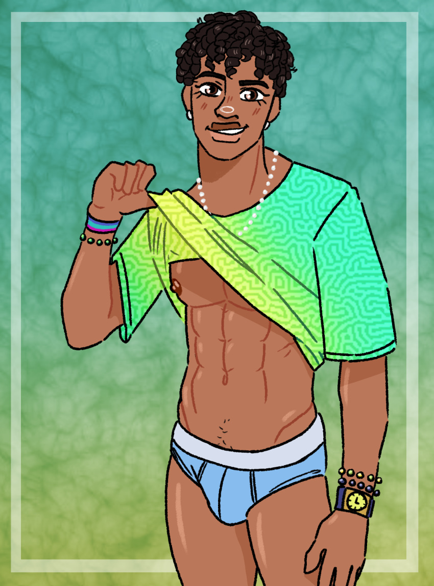 alto_(fortnite) bracelet brown_eyes brown_hair curly_hair dark-skinned_male darrkstarr earring fortnite gay green_shirt lift_up_shirt necklace no_visible_genitalia non-human non-nude piercing pubic_hair smirk thighs toony underwear watch