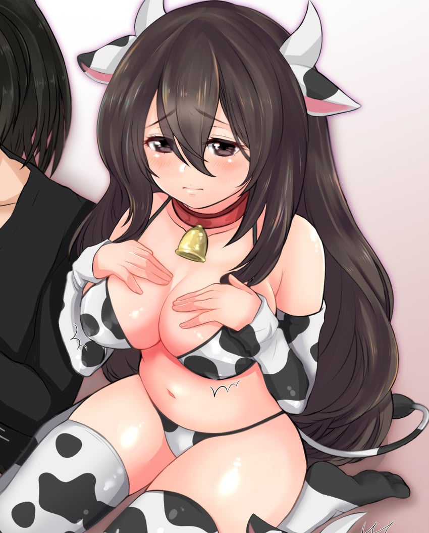 1girls big_breasts bovine brown_hair collar cow cow_bell cow_bra cow_ears cow_outfit cow_thighhighs dororo_(tezuka) horns mio_(dororo) nervous solo tagme tail tomomichi