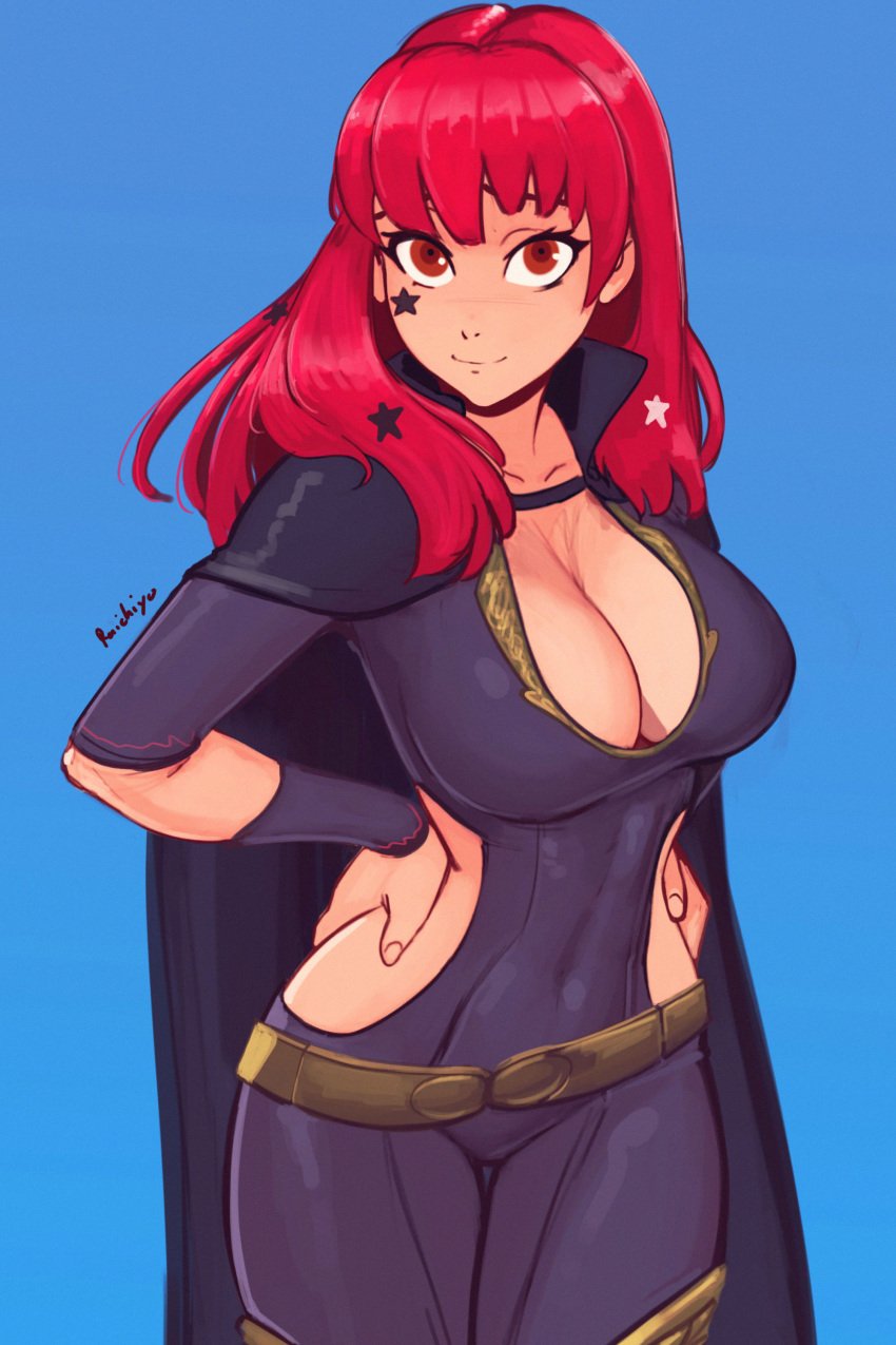 1girls absurd_res absurdres bangs belt black_bodysuit black_cape blue_background blush bodysuit boots breasts cape chest_strap cleavage cleavage_cutout clothing_cutout collarbone covered_navel dagger female female_only fire_emblem fire_emblem_engage groin hands_on_hips hi_res highres hip_vent holding holding_dagger holding_knife holding_weapon knife large_breasts latex_suit long_hair looking_at_viewer navel nintendo raichiyo33 red_eyes red_hair side_cutout signature simple_background skin_tight smile solo star_(symbol) strap thigh_strap tight_clothing upper_body wide_hips yellow_belt yunaka_(fire_emblem)