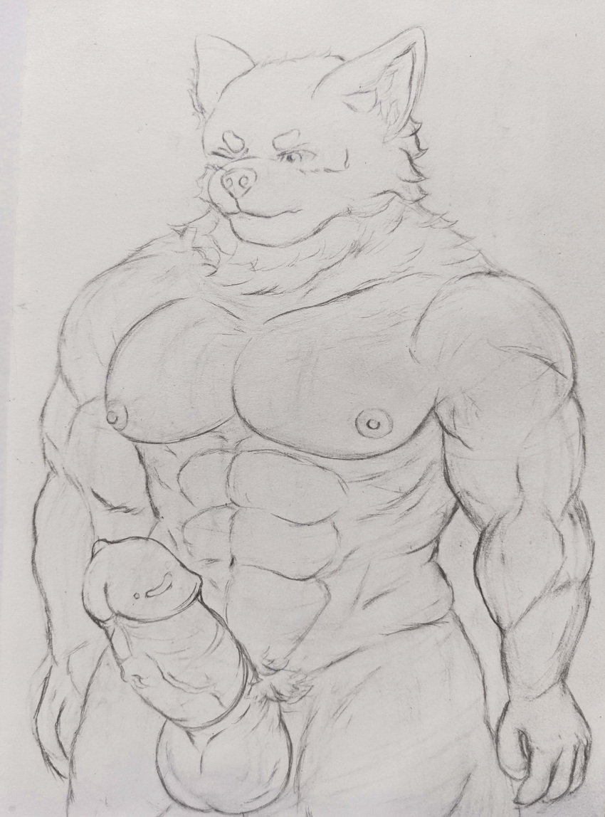 5_fingers abs absurd_res anthro balls big_biceps big_muscles big_pecs big_penis blush bodily_fluids bulge canid canine canis condom erection fingers genitals hi_res humanoid humanoid_genitalia humanoid_penis ichinoseura looking_pleasured male mammal muscular muscular_anthro muscular_male muscular_thighs nipples nude pecs penile penis pubes sexual_barrier_device solo solo_focus sweat thick_thighs vein veiny_penis wolf