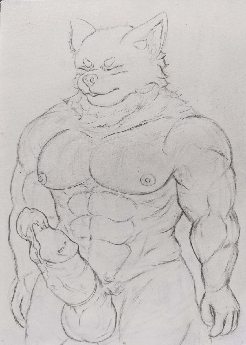 5_fingers abs absurd_res anthro balls big_biceps big_muscles big_pecs big_penis blush bodily_fluids bulge canid canine canis closed_eyes condom ejaculation erection fingers genitals hi_res humanoid humanoid_genitalia humanoid_penis ichinoseura looking_pleasured male mammal muscular muscular_anthro muscular_male muscular_thighs nipples nude pecs penile penis pubes sexual_barrier_device solo solo_focus sweat thick_thighs vein veiny_penis wolf