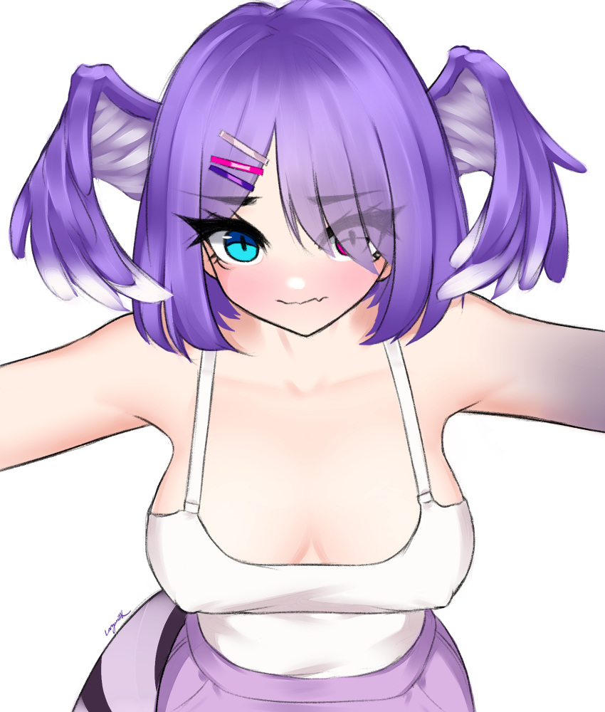 1girls bare_shoulders big_breasts blush cleavage dragon_girl dragon_tail exposed_shoulders hair_wings hairclip head_wings heterochromia largemilk looking_at_viewer nijisanji nijisanji_en nipple_bulge purple_hair selen_tatsuki short_hair solo solo_female solo_focus virtual_youtuber white_background