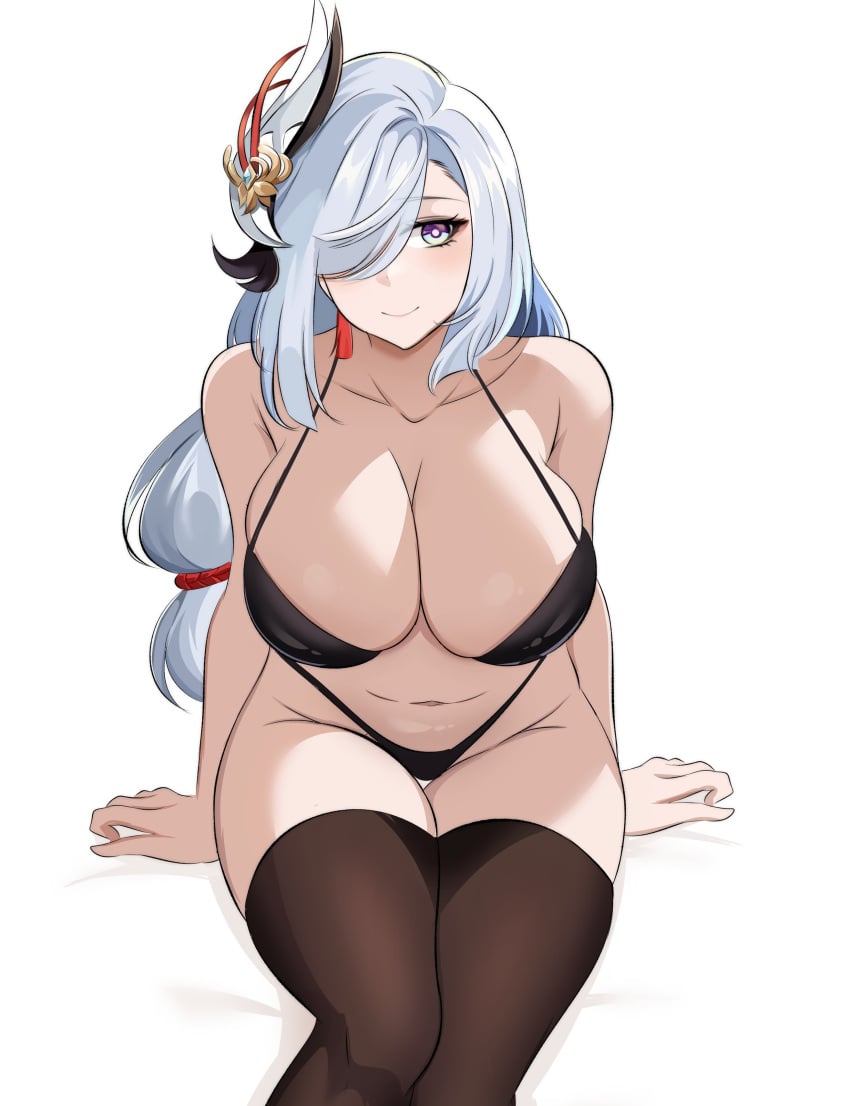 1girls azmiyudista big_breasts bikini bikini_bottom bikini_top black_bikini black_thighhighs breasts cleavage female female_only genshin_impact hair hair_ornament hair_over_one_eye huge_breasts legwear long_hair mature mature_female purple_eyes shenhe_(genshin_impact) smile solo solo_female thick_thighs thighhighs thighs white_hair zuyuzuyu6