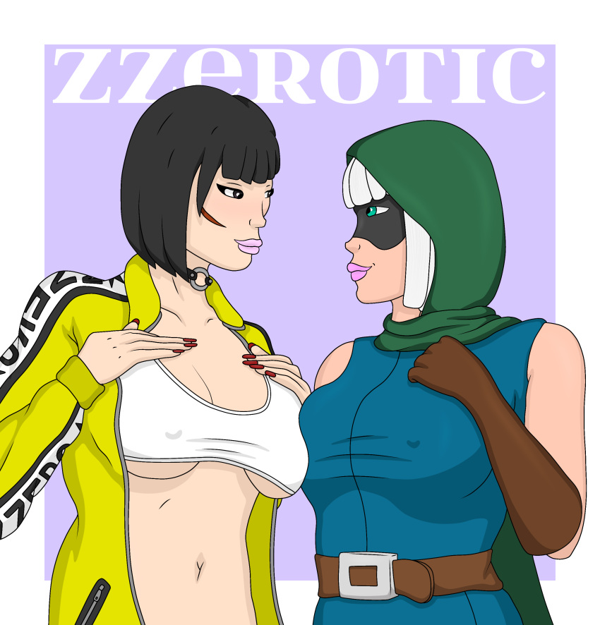 2022 2girls artist_name asian asian_female bandit_(clash_royale) belt big_breasts black_eyes black_hair breast_grab breasts clash_(series) clash_royale clothed clothing collar free_fire garena gloves hands_on_breasts hood hoodie huge_breasts jacket kelly_(free_fire) light_blue_eyes looking_at_another mask masked masked_female medium_hair multiple_girls nipples_visible_through_clothing only_female pink_lipstick purple_background short_hair simple_background smile smiling smiling_at_another supercell white_hair wounded yuri zzerotic