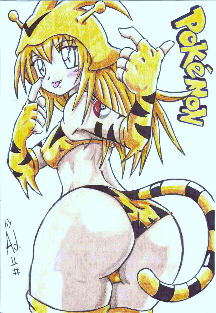 big_butt bikini electabuzz fingering_partner humanized humanoid looking_at_viewer nipple pokemon silver_eyes thick_thighs tongue_out touching_face u-zineiros