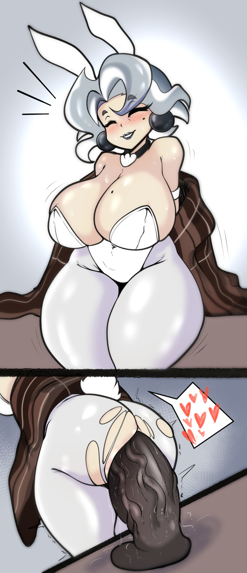 2koma bunny_ears bunnysuit cookie_run dildo dildo_sitting huge_breasts oyster_cookie plump sex_toy spoken_heart tagme thick_thighs torn_clothes torn_clothing torn_legwear wide_hips zzvinniezz