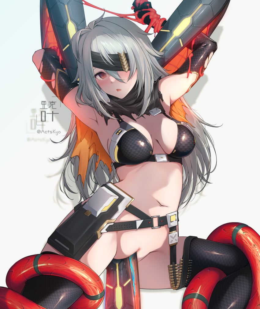 actskyo armpits arms_up black_gloves blush boots breasts elbow_gloves female foley_anden gloves grey_hair highres medium_breasts navel phantasy_star phantasy_star_online_2 red_eyes restrained sex sex_machine solo stationary_restraints tentacle thigh_boots thighhighs