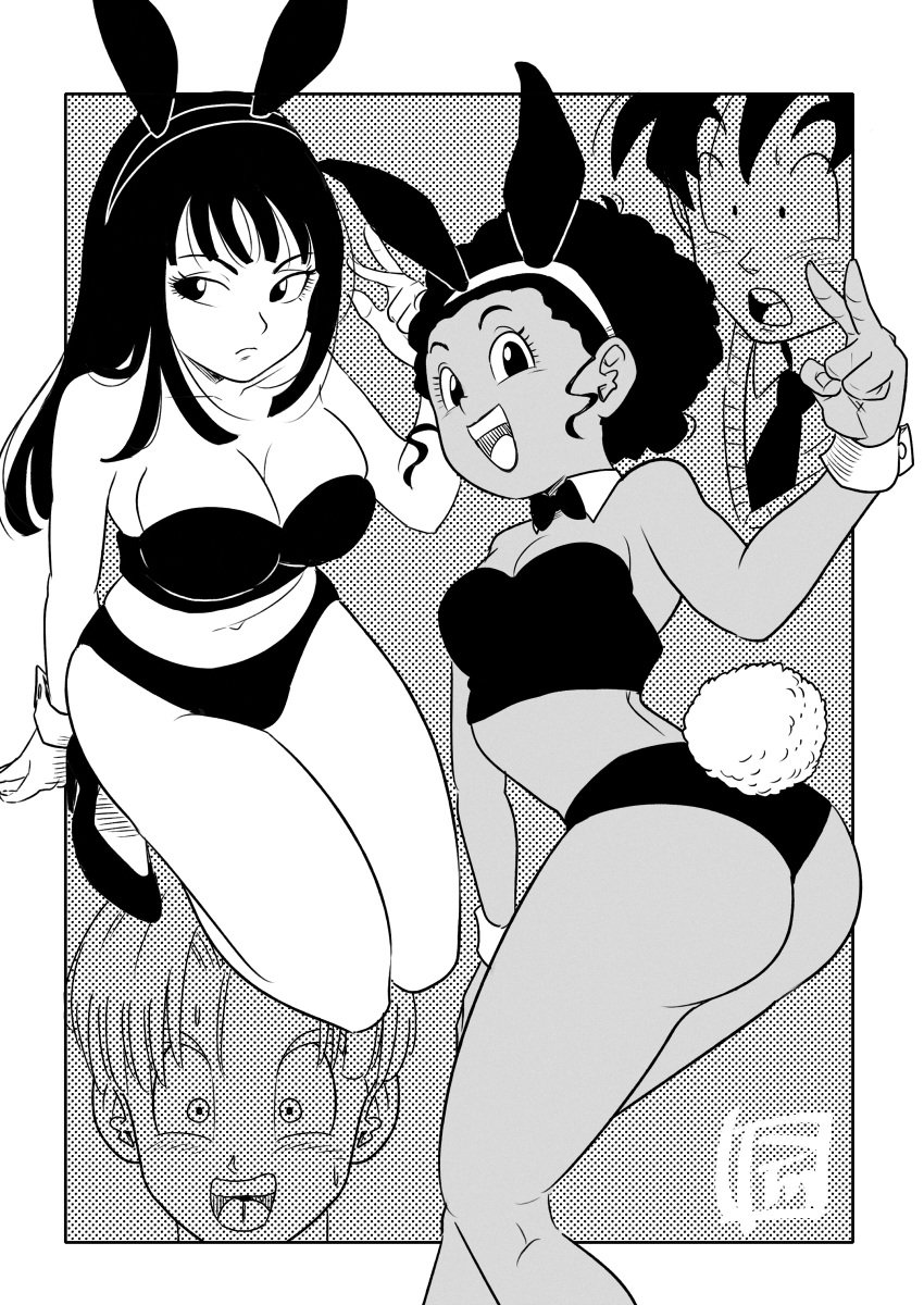 2boys 2girls :o afro bangs black_hair blush bunny_ears bunny_tail cleavage clothing dark-skinned_female dark_skin dragon_ball dragon_ball_super dragon_ball_super_super_hero dragon_ball_z greyscale light-skinned_female light_skin lingerie long_hair looking_at_viewer looking_away looking_back looking_down mai_(dragon_ball) monochrome navel open_mouth peace_sign pink_mousse present_trunks purplemousse1 rulah_(dragon_ball) short_hair sidelocks smile son_goten sweat teenager thick_thighs trunks_(dragon_ball) trunks_briefs tubetop underwear watermark