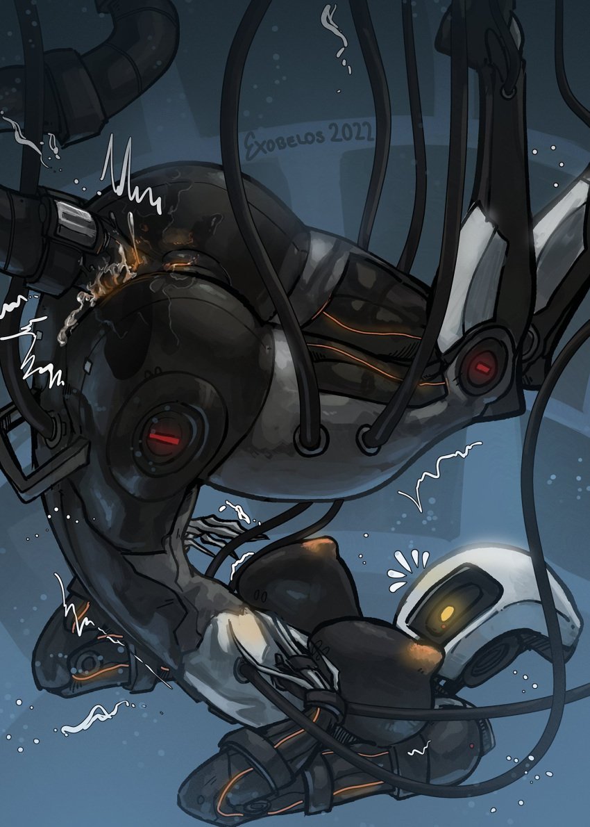 anal anal_object_insertion anal_penetration athletic_female breasts cable exobelos faceless_forefront female glados glados_(humanoid) hanging highres large_breasts nipples object_insertion personification portal_(series) portal_1 pussy robot robot_girl robot_penis solo trembling upside-down