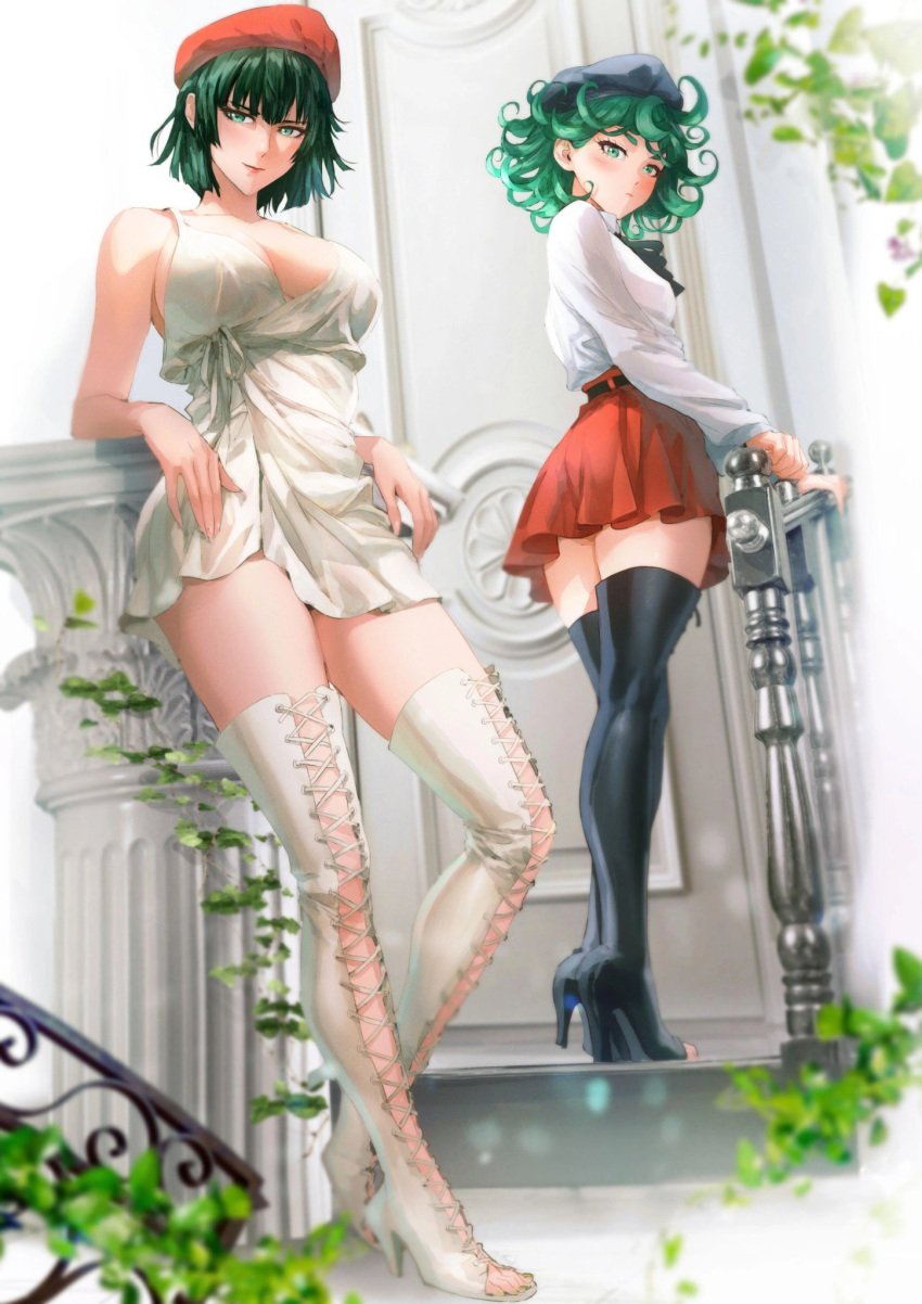 2girls alternate_costume ass beret blush breasts cleavage clothing dress female_only fubuki_(one-punch_man) green_eyes green_hair hat hi_res high_heels long_legs looking_at_viewer looking_down multiple_girls one-punch_man pleated_skirt short_hair sisters skirt spykeee tatsumaki thick_thighs thigh_boots thighhighs toeless_legwear toes white_shirt