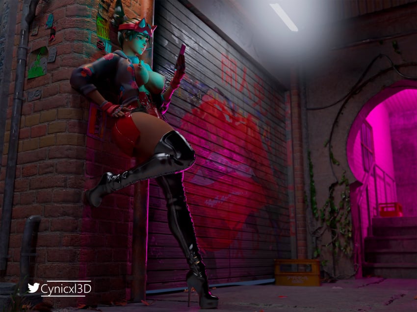 3d 3d_(artwork) alley athleisure_kiriko boots cynicxl3d daz_studio exibitionism graffiti high_heel_boots high_heels hooker jacket kiriko_(overwatch) lollipop night nipple_piercing on_phone open_jacket overwatch overwatch_2 phone public public_nudity red_skirt skirt slutty_clothing slutty_outfit sukajan texting thigh_boots waiting