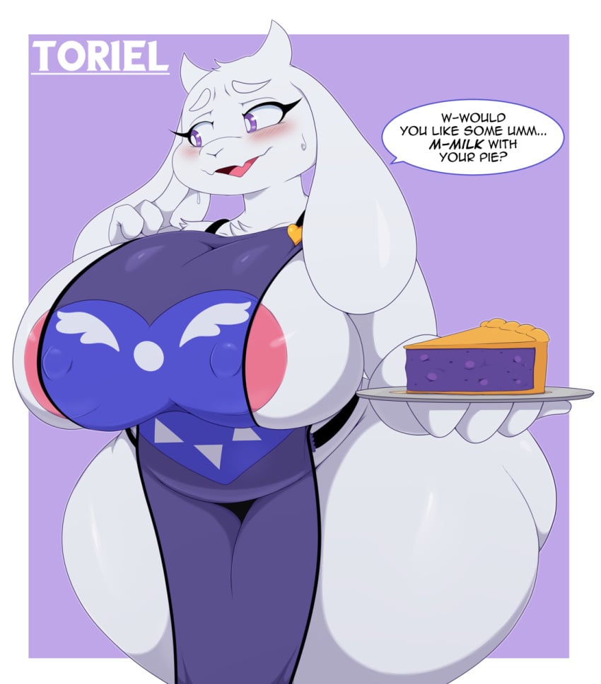 anthro apron big_areola big_ass big_breasts big_nipples bigdon1992 blush breasts chubby clothing english_text erect_nipples female finger_on_cheek fur furry furry_only goat hi_res horn huge_areolae huge_ass huge_breasts huge_nipples large_breasts mature_female milf mostly_nude naked_apron nipple_bulge nipples overweight overweight_female pie purple_eyes solo solo_female text thick_thighs thunder_thighs toriel undertale undertale_(series) voluptuous wide_hips