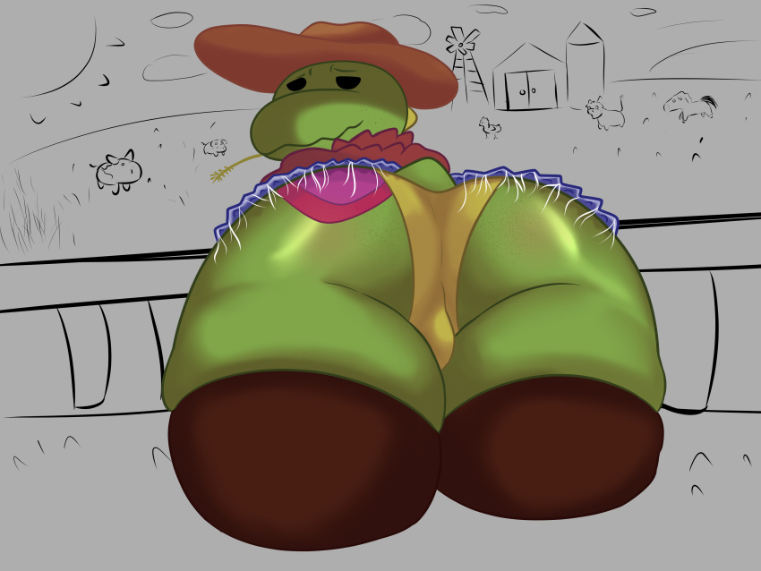 absurd_res anthro ass belly_lentel bellyboi13 big_butt bulge clothing farm hat headgear headwear hi_res kobold lizard lizardfolk looking_back male male_focus male_only original original_character reptile scalie simple_background solo thick_thighs western wheat_in_mouth