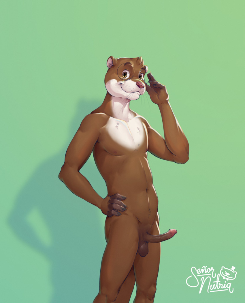 anthro balls brown_body brown_eyes brown_fur erection eyewear front_view fur furry furry_only genitals glasses hi_res humanoid_genitalia humanoid_penis looking_at_viewer male male_only mammal mustelid nude otter penis round_glasses shadow skrawl smile solo standing thin_penis whiskers