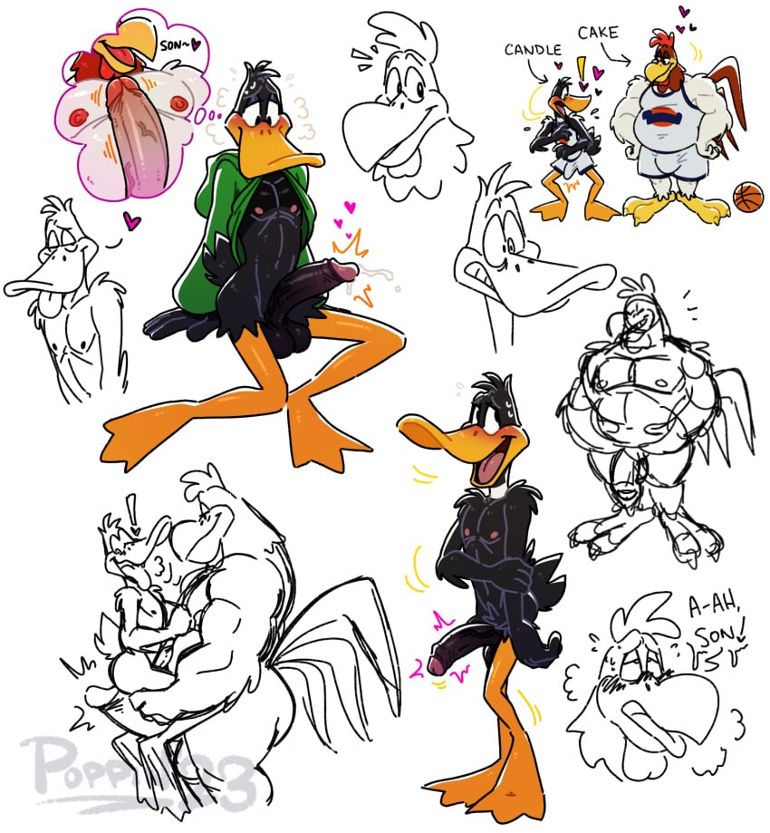 anatid anseriform anthro avian balls bird bottomwear bulge chicken clothing daffy_duck duck erection foghorn_leghorn galliform gallus_(genus) gay genitals hi_res humanoid_genitalia humanoid_penis looney_tunes male male/male penis phasianid poppin shorts space_jam the_looney_tunes_show warner_brothers