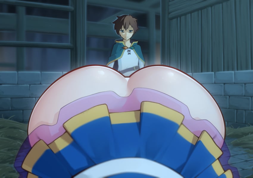 1boy 1girls aqua_(konosuba) ass ass_focus ass_up barn blank_expression dat_ass emotionless empty_eyes going_commando kono_subarashii_sekai_ni_shukufuku_wo! looking_at_ass looking_at_pussy merrytail no_panties passed_out round_butt satou_kazuma short_skirt skirt unimpressed