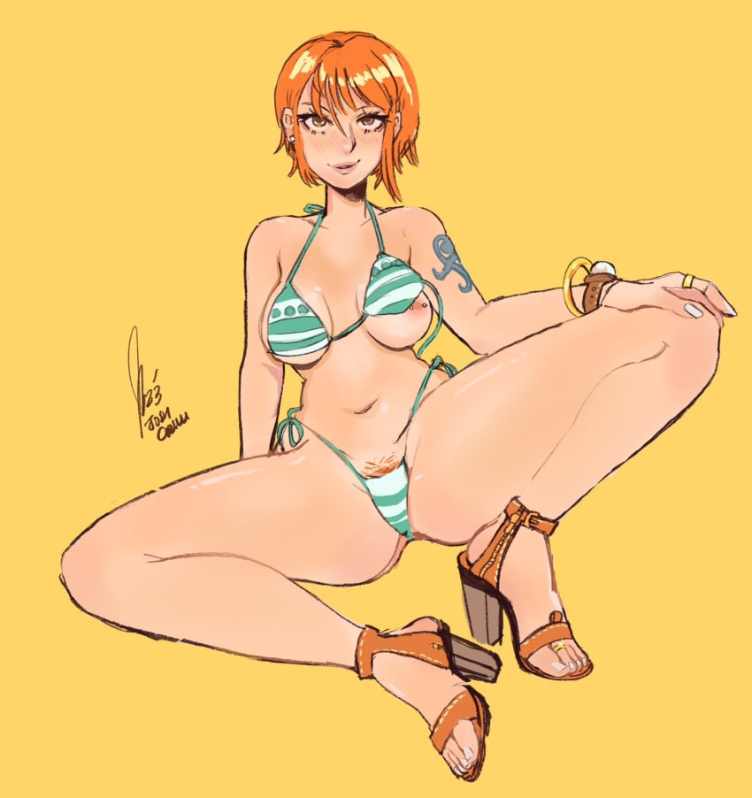 1girls bikini blush breast_outside breasts female female_only heels hi_res joshgrilli legs_apart looking_at_viewer nami nipple_piercing nipples one_piece orange_hair pre-timeskip pubic_hair pubic_hair_peek short_hair simple_background smiling_at_viewer solo striped_bikini tattoo tattoo_on_arm thick_thighs voluptuous yellow_background