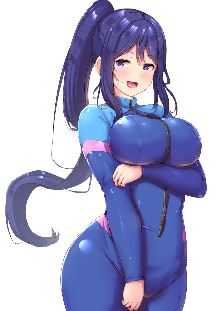 1girls big_breasts blue_hair bodysuit breasts curvy female front_zipper hi_res high_resolution highres love_live! love_live!_sunshine!! matsuura_kanan png ponytail purple_eyes shinonon shinonon_(iso_shino) shiny_clothes skin_tight smile solo tight_clothing wetsuit white_background zipper