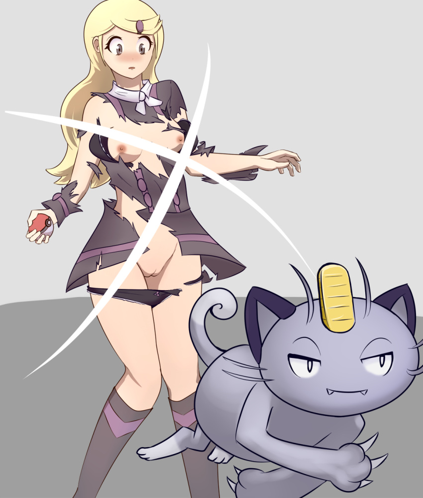 ace_trainer_(pokemon) ace_trainer_(pokemon_xy) alolan_form alolan_meowth anthro areola assisted_exposure black_clothing black_panties black_underwear blonde_hair blush breasts brown_eyes claws clothing dipstick_ears dipstick_tail domestic_cat dress eyelashes fangs felid feline felis fur generation_1_pokemon genitals grey_background grey_body grey_fur hair hi_res human long_hair male mammal markings meowth multicolored_ears nintendo nipples npc_trainer panties pink_areola pink_nipples pokeball pokemon pokemon_(species) pokemon_xy purple_clothing purple_dress pussy regional_form_(pokemon) sharp_claws simple_background solo tail tail_markings tan_body tan_skin teeth thick_thighs torn_clothing underwear whiskers wide_hips