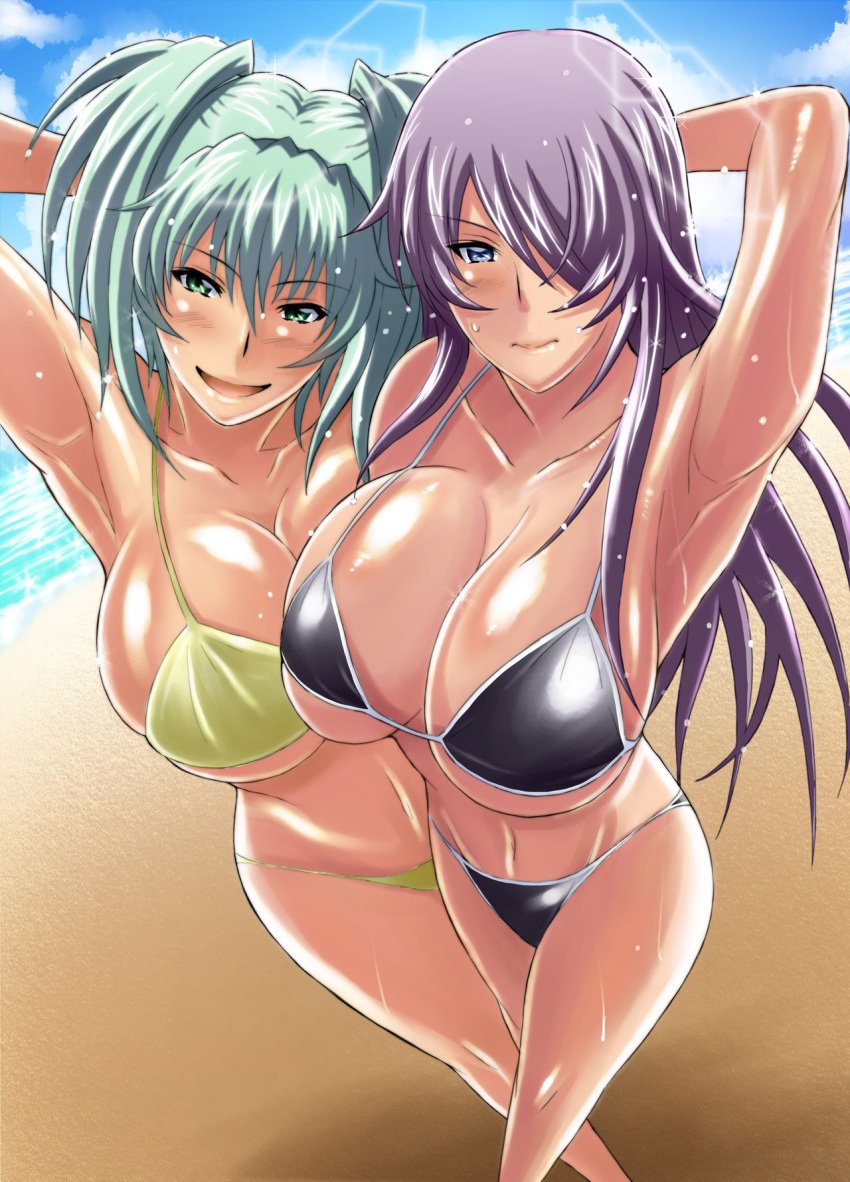 2girls breasts cover female female_only footwear green_eyes green_hair haikawa_hemlen highres ikkitousen kanu_unchou large_breasts long_hair multiple_girls open_clothes open_shirt panties purple_hair ryofu_housen