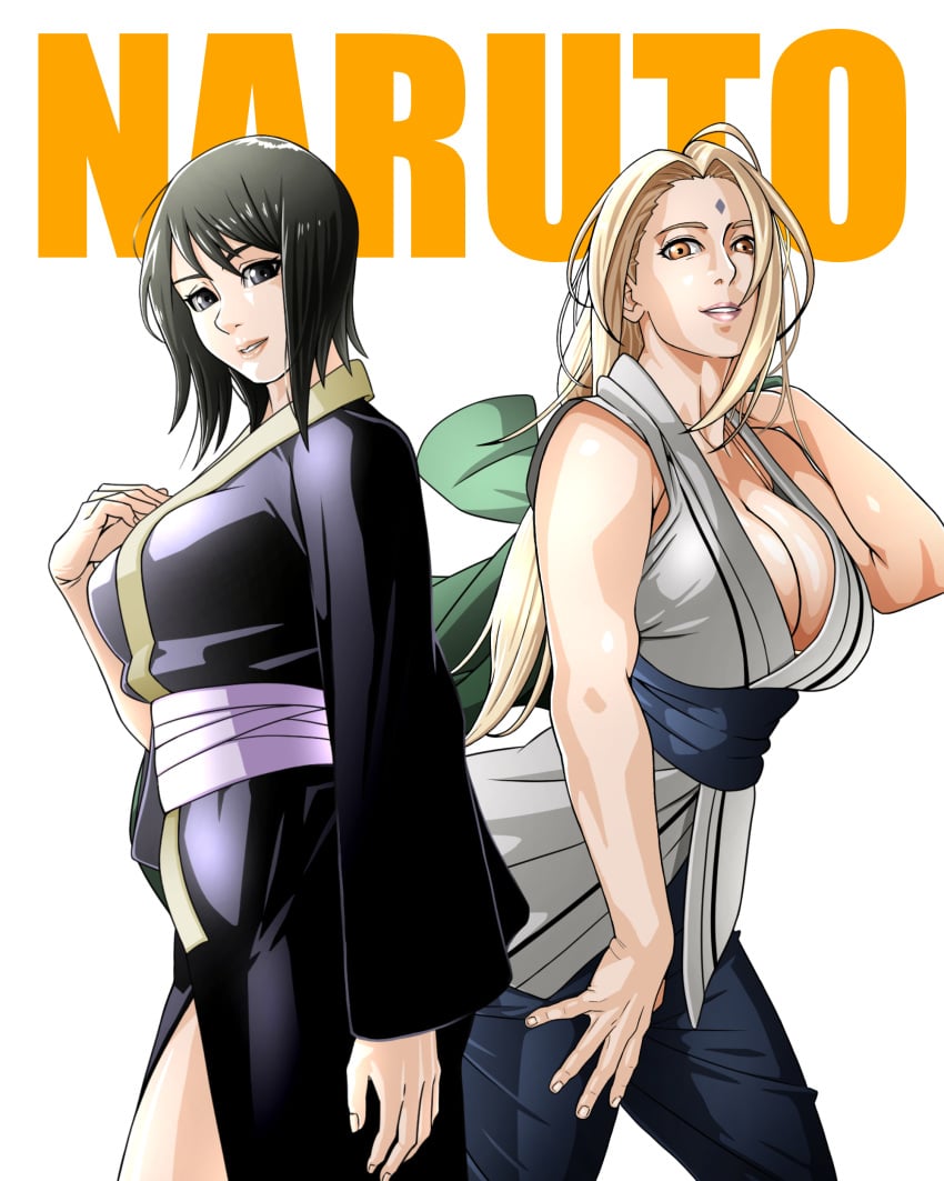 2girls absurdres bare_shoulders black_eyes black_hair blonde_hair breasts busty cleavage_cutout clothing_cutout female_focus female_only haori highres jacket japanese_clothes kimono large_breasts long_hair looking_at_viewer multiple_girls naruto naruto_(series) naruto_shippuden no_bra orange_eyes pants saburo_des shizune short_hair sideboob take_your_pick teacher_and_student thick_thighs thighs tsunade yukata