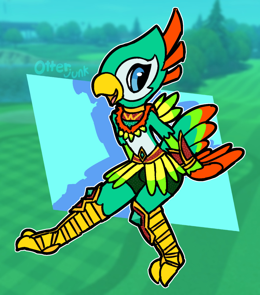 2023 anthro avian beak bird bottomwear bulge clothed clothing gold_clothing hi_res hotpants male nintendo nintendo_switch nintendo_switch_sports otterjunk parrot partially_clothed shorts skirt solo switch_sports_bird tagme talons tribal_clothing