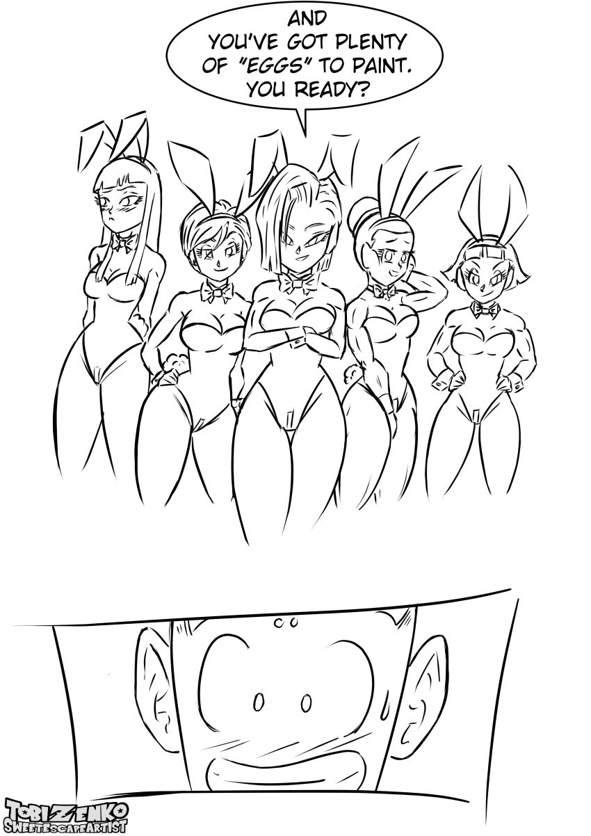 android_18 ass black_and_white bulma_(bunny) bulma_briefs bunny_ears bunnysuit chichi comic dragon_ball dragon_ball_super dragon_ball_z female female_only krillin kuririn mai_(dragon_ball) mini_comic multiple_girls playboy_bunny sweetescapeartist videl videl_(dragon_ball_super)