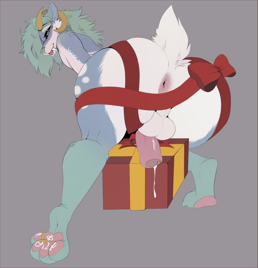 anthro anus ass backsack balls big_butt black_sclera bodily_fluids cum cum_drip curved_horn cypherwolfarts dripping fangs feet foreskin fur furry furry_only genital_fluids genitals gift_box gift_wrapped green_hair hair hi_res horn huge_butt humanoid_genitalia humanoid_penis hybrid looking_at_viewer looking_back looking_back_at_viewer male male_only pawpads penis perineum rear_view sabertooth_(anatomy) short_tail simple_background solo tail teeth white_body white_fur