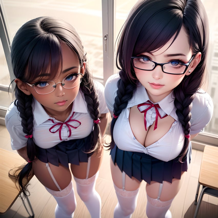 2023 2girls ai_generated big_breasts black_hair cleavage curvy_figure fair-skinned_female female female_only glasses hair_braid hi_res high_resolution legwear long_hair looking_at_viewer mnemosynekoto nerdy_female school_uniform schoolgirl skirt small_breasts stable_diffusion tanned_female tight_pussy twintails young