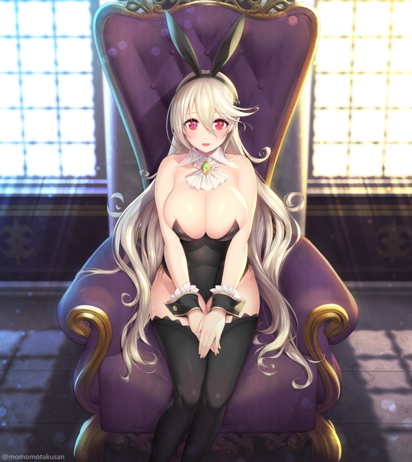 1girls alternate_costume animal_ears armchair bare_thighs bent_over black_leotard black_thighhighs blonde_hair bow bowtie breasts brooch bunny_ears bunny_girl bunnysuit chair corrin_(female)_(fire_emblem) corrin_(fire_emblem) corrin_(fire_emblem)_(female) detached_collar fake_animal_ears fake_tail female female_only fire_emblem fire_emblem_fates high_heels highres inner_thighs jewelry kashiwamochi_yomogi large_breasts legs leotard nintendo pantyhose playboy_bunny pointy_ears rabbit_ears rabbit_tail sitting smile solo strapless strapless_leotard tail thighhighs thighs throne tiara white_hair wrist_cuffs