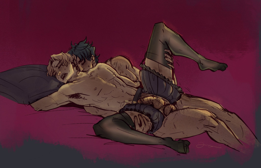 2boys abs anal anal_sex armpits artkinksky blonde_hair blue_hair closed_eyes crotchless crotchless_bloomers dio_brando gay gay_sex jojo's_bizarre_adventure jonathan_joestar leg_grab legwear lying male male/male male_focus male_only male_penetrated male_penetrating male_penetrating_male nipples nude penis phantom_blood pillow sex spread_legs testicles yaoi