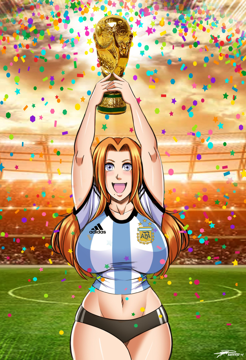 1girls 2022_fifa_world_cup adidas argentina big_breasts bleach bushinryu11 celebration clothed clothing exposed_stomach female female_only fifa fifa_world_cup_trophy football football_uniform fully_clothed huge_breasts human human_only light-skinned_female light_skin long_hair matsumoto_rangiku national_personification skimpy smile soccer_uniform solo thick_thighs voluptuous voluptuous_female world_cup