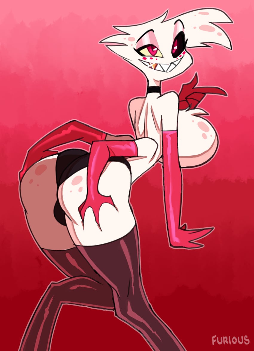 1boy 2023 4_arms angel_dust_(hazbin_hotel) anthro ass ass_grab bent_over big_ass bubble_butt chest_fluff dat_ass demon femboy freckles gloves grabbing_own_ass hazbin_hotel heterochromia male male_only panties solo spider thick_thighs thighhighs zrfurious