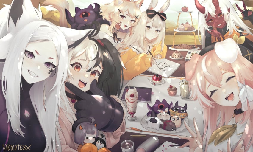 akumi big_breasts black_hair blonde_hair bunny_ears cat_ears catgirl dog_ears dya_rikku_(vtuber) fox_ears long_hair mixed_hair_color momotexx_(artist) momotexx_(vtuber) oni oni_horns pink_hair red_eyes scars squchan_(vtuber) virtual_youtuber vyugen white_hair yellow_eyes yenko yuniiho_(character)