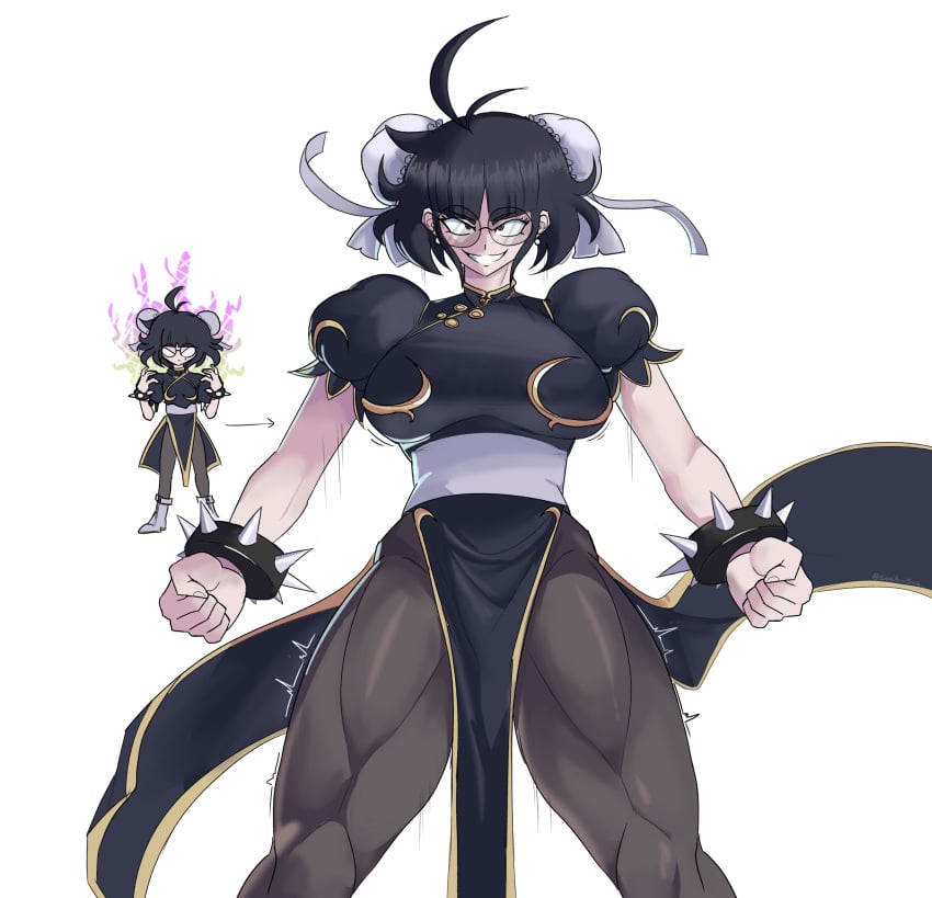 1girls alternate_costume attribute_theft aura breast_expansion chun-li chun-li_(cosplay) cosplay emmarrgus evil_grin female female_only fully_clothed keiko_(emmarrgus) muscle_growth muscular_female muscular_thighs solo street_fighter toned_female toned_legs transformation