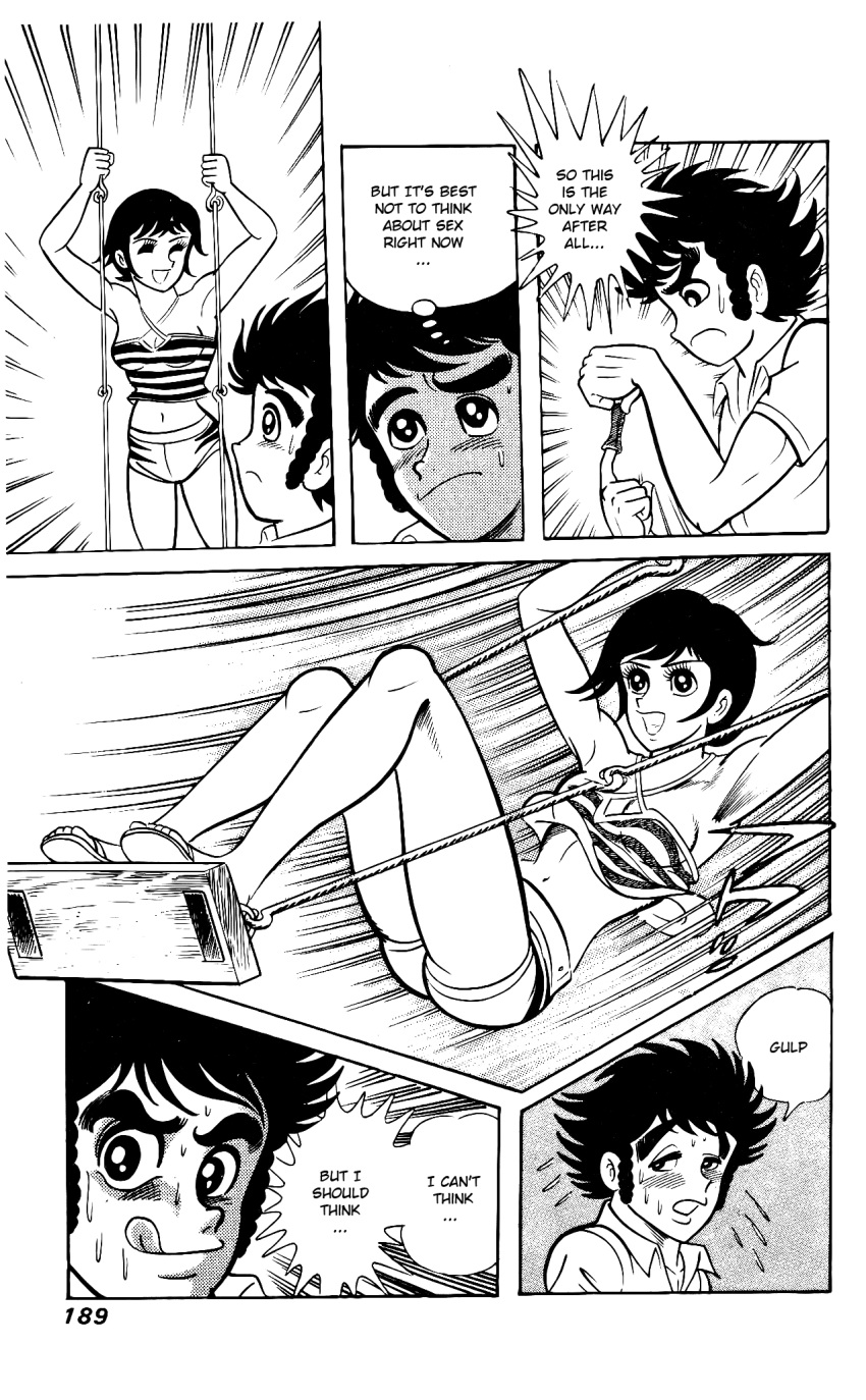 1boy 1girls armpits arms_up black_and_white breasts comic delinquent english_text female go_nagai hanappe_bazooka hanappe_yamada hoshiko_nobara male minishorts monochrome navel page_189 short_hair swing swing_set tomboy vintage