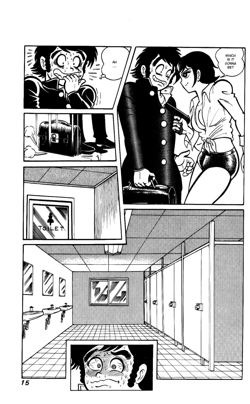 blush breasts cleavage comic delinquent english_text go_nagai gun hanappe_bazooka hanappe_yamada hoshiko_nobara minishorts no_bra page_15 short_hair shorts tied_shirt toilet tomboy vintage