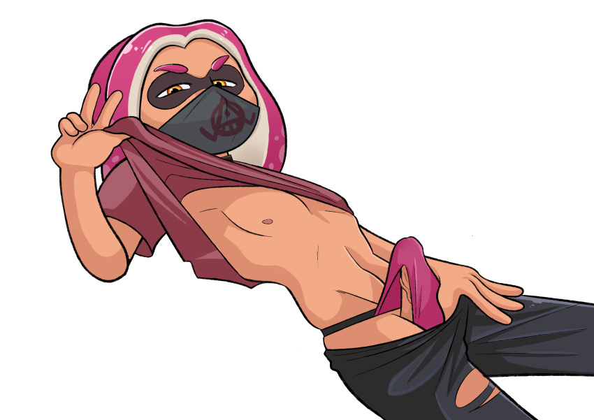 choker erection erection_pushing_underwear facemask inkling inkling_boy jockstrap laying_on_back looking_at_viewer magenta_hair male male_only mask modeling on_back original_character pants_pull penis pistol_(oc) pitching_a_tent presenting presenting_penis ripped_pants shirt_lift splatoon squint yellow_eyes