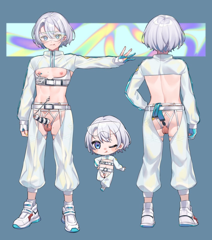 1boy :q anal anal_object_insertion ass back butt_plug chaps chibi commission earrings everything_out facing_away facing_viewer full_body gloves grey_hair highres id_card jacket jewelry kan'yu_(citron_82) male_focus mole mole_on_ass mole_on_thigh mole_under_mouth nail_polish navel_piercing nipple_piercing nipples o-ring object_insertion one_eye_closed original otoko_no_ko partially_fingerless_gloves penis penis_piercing penis_sheath piercing reference_sheet revealing_clothes safety_glasses safety_pin safety_pin_piercing sex_toy shoes skeb_commission sneakers solo standing testicles toned toned_male tongue tongue_out white_footwear white_jacket yellow_nails