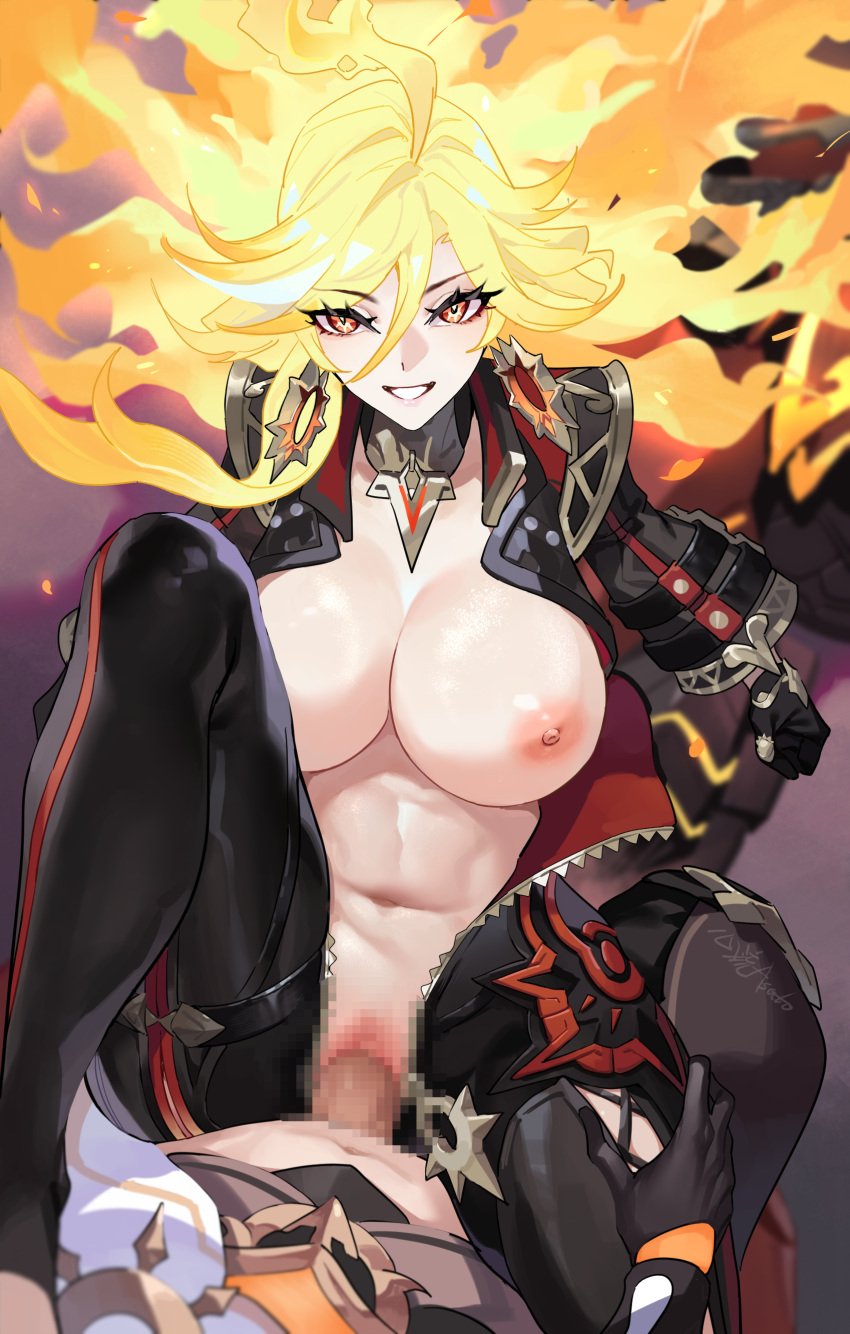 aether_(genshin_impact) breasts_out cowgirl_position glowing_hair mavuika_(genshin_impact) sex vaginal_penetration