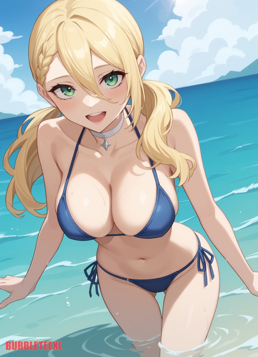 ai_assisted ai_generated anime beach bikini blue_bikini bubbleteexl chained_soldier cleavage side_tie_bikini side_tie_bikini_bottom standing_in_water varvara_pilipenko wading